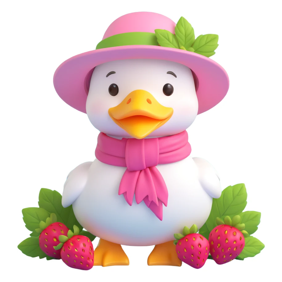 A cute duck character wearing a sun hat and scarf, surrounded by strawberries, kawaii, white duck with a pink hat and yellow scarf, red strawberries with green leaves. sticker