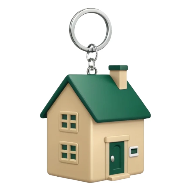 keychain in the shape of a house, dark green house, light beige keys and ring, emoji style sticker