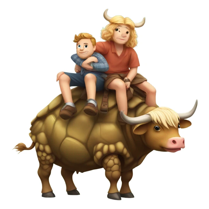 turtle getting a piggy back ride from a highland cow sticker