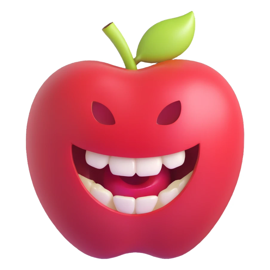 happy face mid-bite into a shiny apple, clear bite mark, bright and glossy, fun and lively sticker