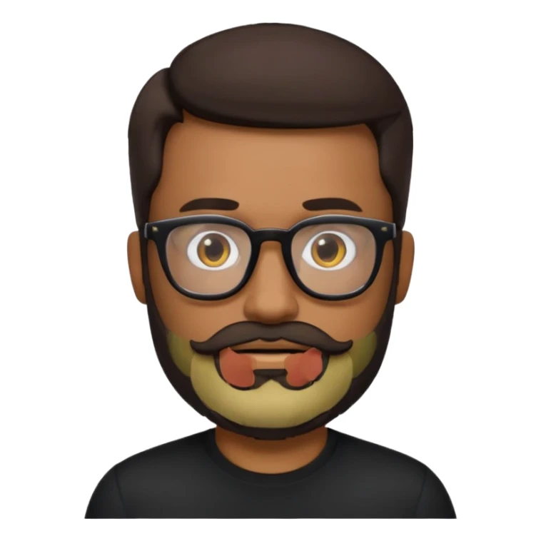 create a emoji man with beard black and dark brown hair , and glasses wooded color, sunkissed skin color, with a IA simbol and black shirt sticker