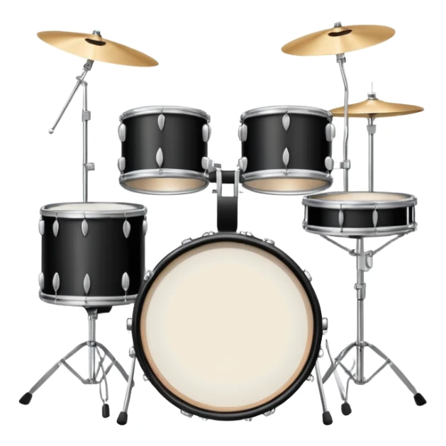 Minimalistic flat vector icon, iOS style, thin black contour on white background. Drum set with two drumsticks above. Clean, no text, no shadows sticker