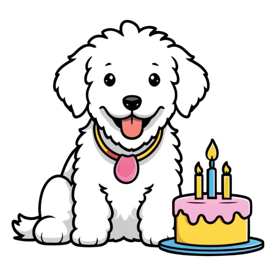 Shaggy large White Goldendoodle eating birthday cake  sticker