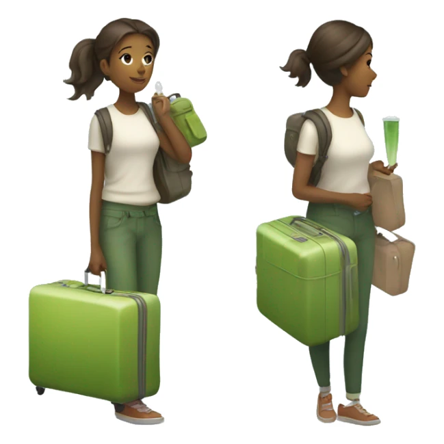 A girl with a luggage and a matcha tea sticker