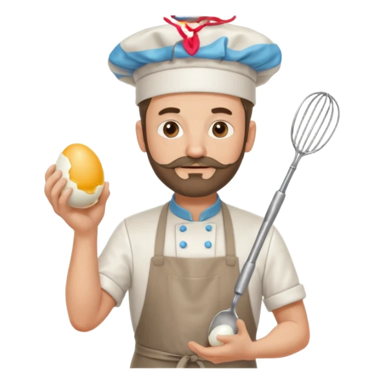 Middle aged male pastry chef - with a small beard, apron, white hat, holding an egg beater in his right hand, and his left hand naturally hanging down to his side sticker