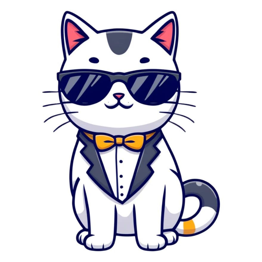 cat wearing cool sunglasses proudly showing off his new tuxedo, stylish, confident pose sticker