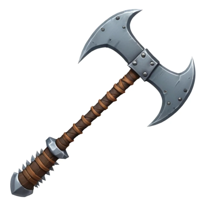 savage barbarian axe object icon, spiked double blade, battle-worn metal, scratches, heavy fantasy weapon, 3D cartoon, mobile game icon style, centered, clean background, no text, no watermark

 sticker