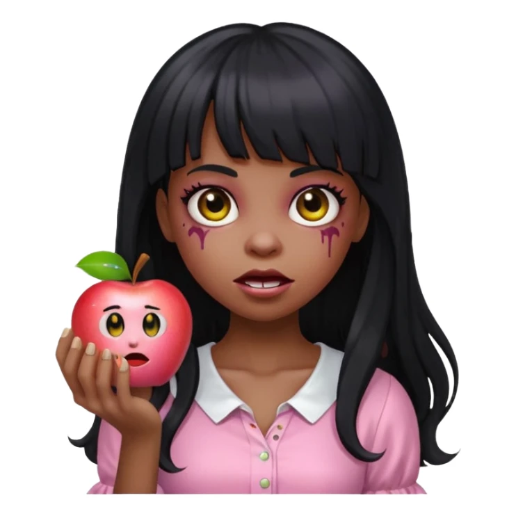 emoji apple light skinned black zombie girl with long black hair and bangs with a light pink blouse  sticker