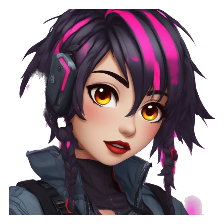 Gorgeous bright colorful neon techwear anime style lady with blushing face aesthetic and pretty edgy black red punk messy hair with collar and harness trending style sticker