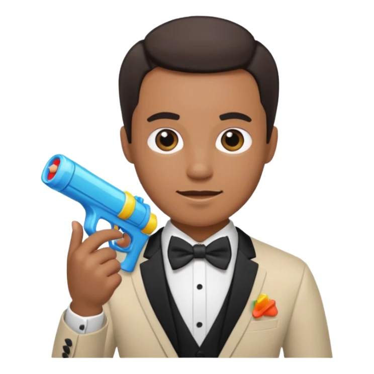 Man wearing a bow tie holding a water gun sticker