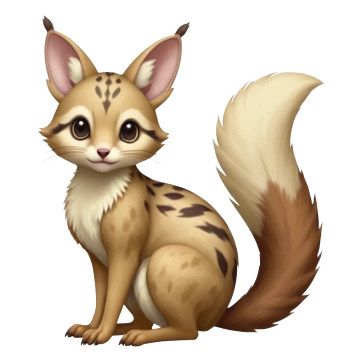 Brown-pointed, beige, soft natural realistic romantic vintage antique divine beautiful elegant pretty precious cute young youthful  Fakémon-Pokémon-alien-opossum-squirrel-feline-serval-caracal-chinchilla-Minccino-Cinccino-Meowstic-rodent-hybrid-creature with a big fluffy bushy tail (full body) sticker