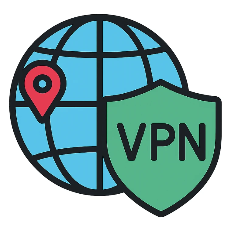 VPN globe icon with a shield, showing a location pin on the USA, modern, blue and green color scheme sticker