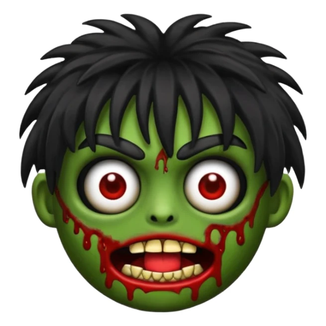 Un emojin de zumbi com cabelo comprido preto e franja sticker