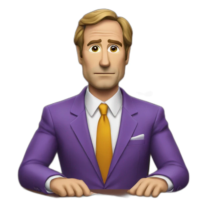 Saul Goodman sitting on his desk in a purple suit sticker