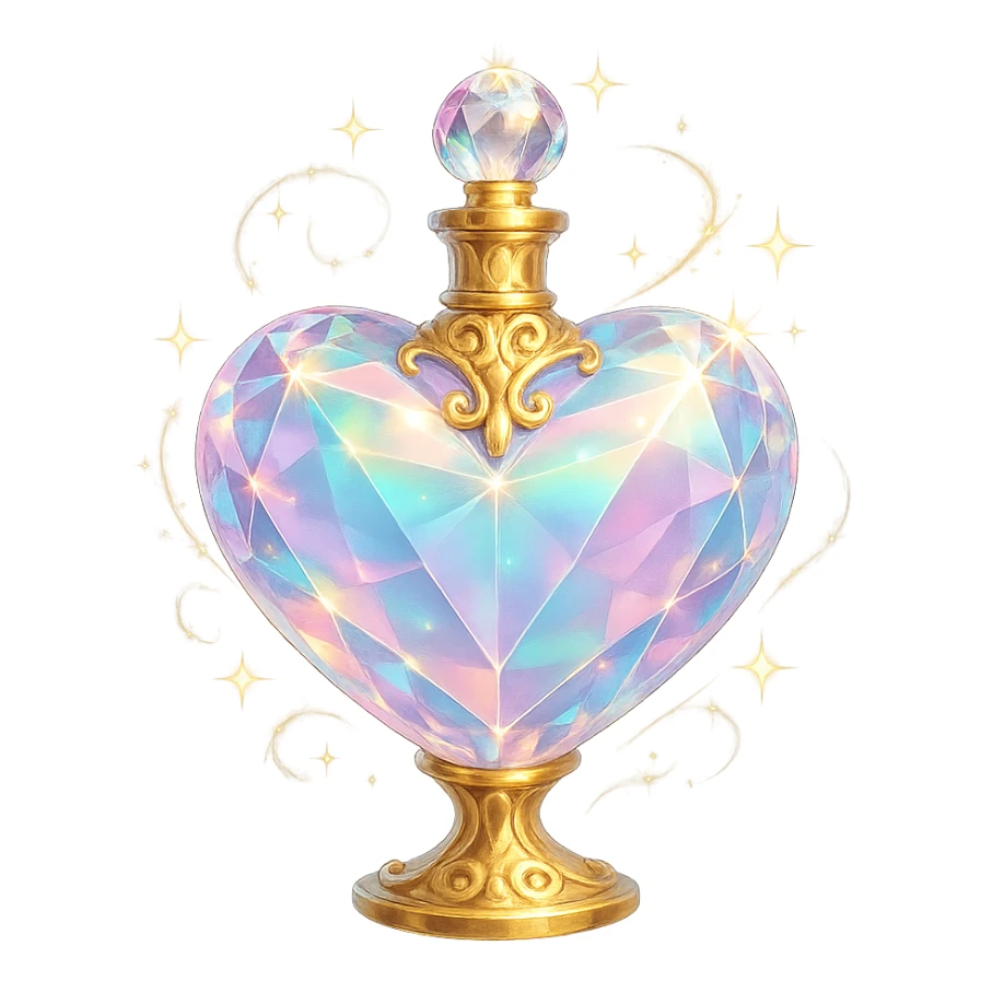 crystal luxurious elixir bottle in heart shape, pastel gradient, lots of glowing shine, facets, ornaments, golden details, magical effects, very small golden neck, transparent background, beautiful connected base, clearly floating in air, no base or shadow, premium class, matching collection sticker