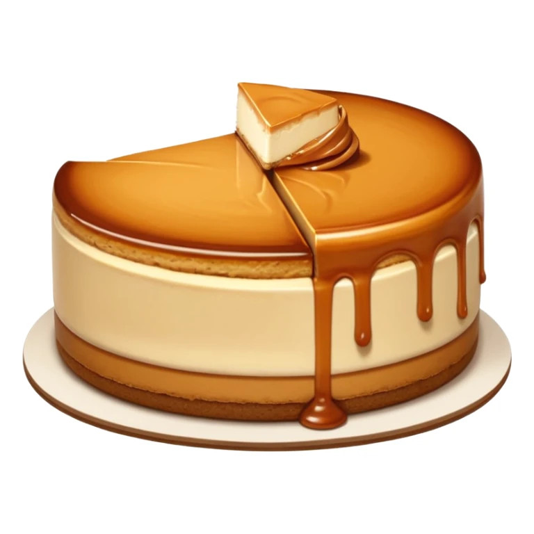 a slice of cheesecake. The base is made of light brown biscuit; the first layer of filling is caramelized dulce de leche, and the upper layer is creamy, light beige, and has a smooth texture. On top, there is a caramelized dulce de leche topping dripping down the center of the slice sticker
