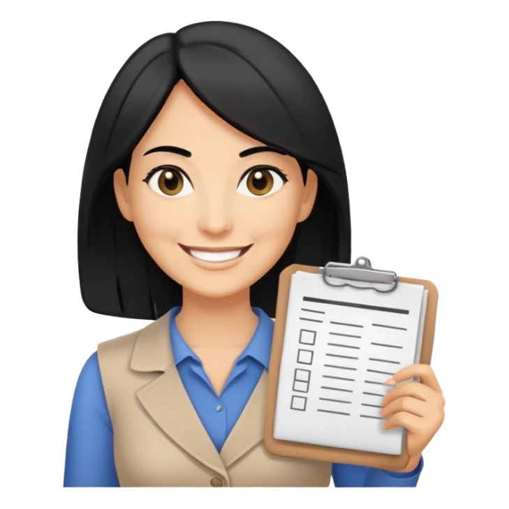 A smiling female middle-aged warehouse manager with black eyes and shoulder length black hair, holding an inventory list，without background sticker
