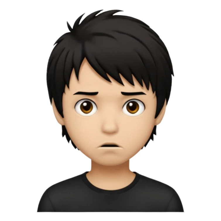Boy, light brown skin, black hair, short long, emo, shaggy, creepy expression sticker