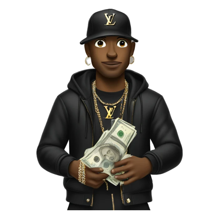 Rapper in black louis vuitton flexing money sticker