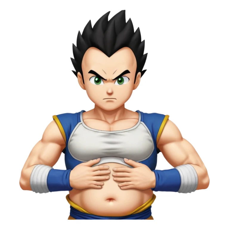Pregnant Vegeta from Dragon Ball Z facing left with hands on his large belly, spiky black hair, serious expression sticker