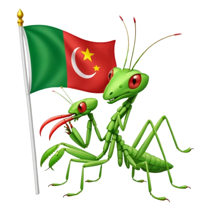 A happy praying mantis holding and a Italian and Myanmar flag  sticker