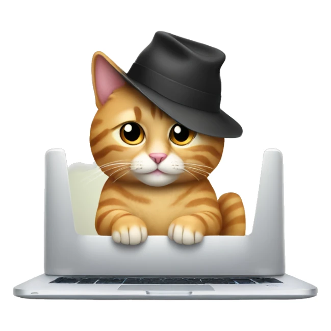 A cat with a hat is sitting and typing on the Laptop sticker