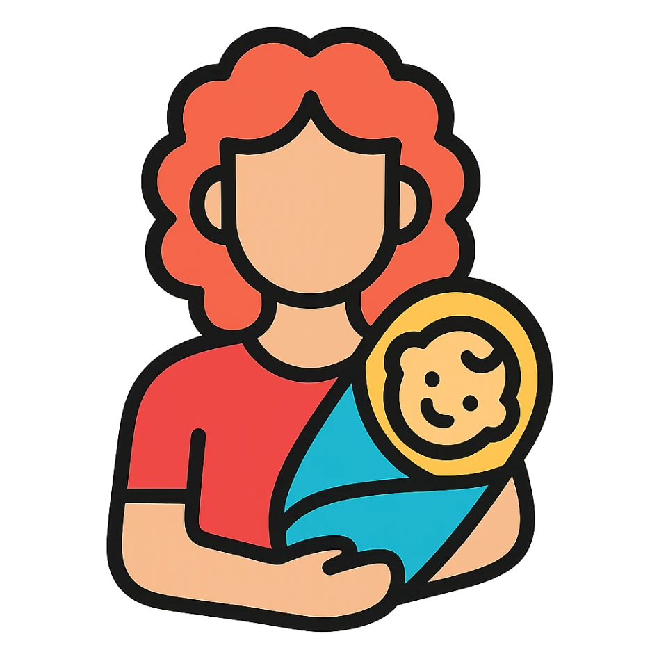 woman with curly red hair holding a baby, modern flat color icon style sticker