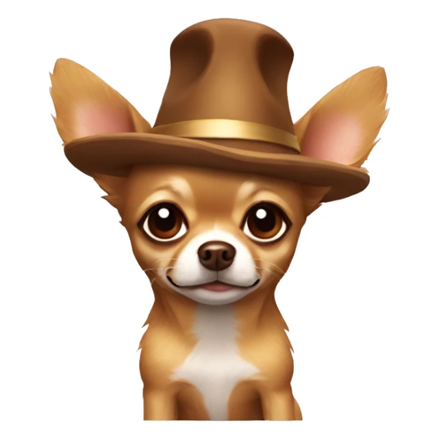 Gold-brown, fuzzy Chihuahua with an hat sticker