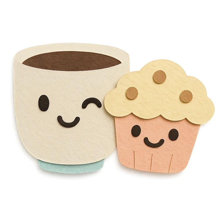 coffee cup with muffin character, winking, soft pastel colors, transparent background sticker