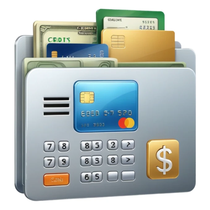 Closed folder icon with small symbols floating around: bank building, credit card, calculator, and document – organized financial archive sticker