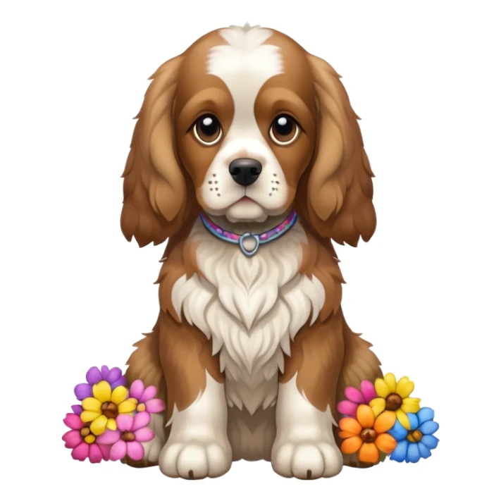 Full body shot of a cocker spaniel sitting with flowers sticker