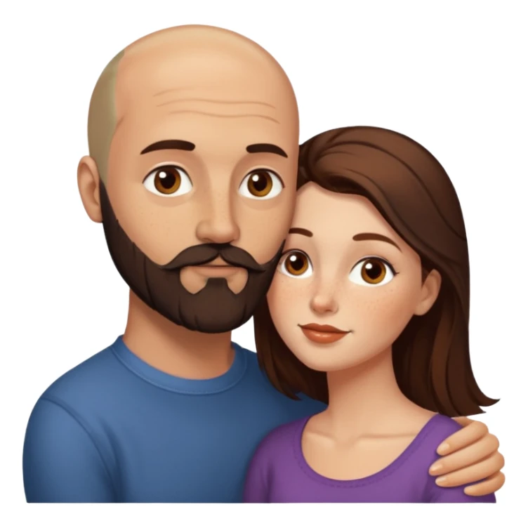 Couple. Bald man with dark brown-black beard. White woman with many small, faded freckles, she has white skin and she has auburn-brown-cinnamon, dark long hair. She has light brown eyes. The man have hazel eyes. Retro style. She kisses him on the cheek. sticker