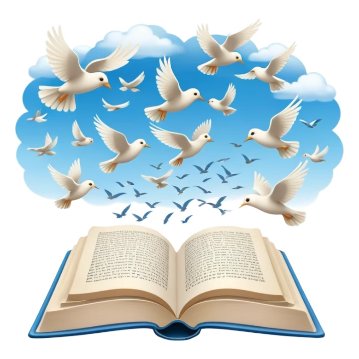 Icon for Poetry Reading: an open book with verses on the pages, from which fly pages transforming into a large flock of small white birds soaring into the blue sky. The icon should evoke the freedom and beauty of poetry. Transparent background. sticker