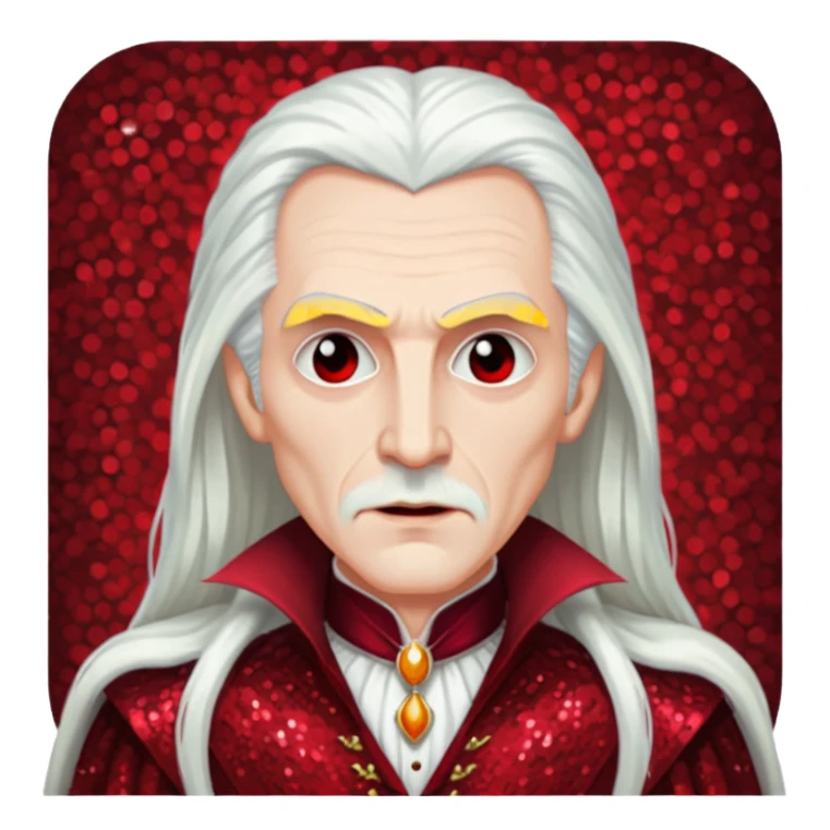 Dracula with long white hair, dark red sequin outfit sticker