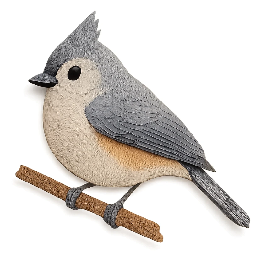 tufted titmouse sitting on a branch, delicate paper layers, realistic feather patterns, subtle color variations sticker