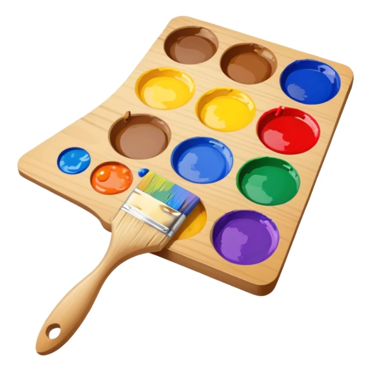 Paint palette with colorful paints and brush sticker