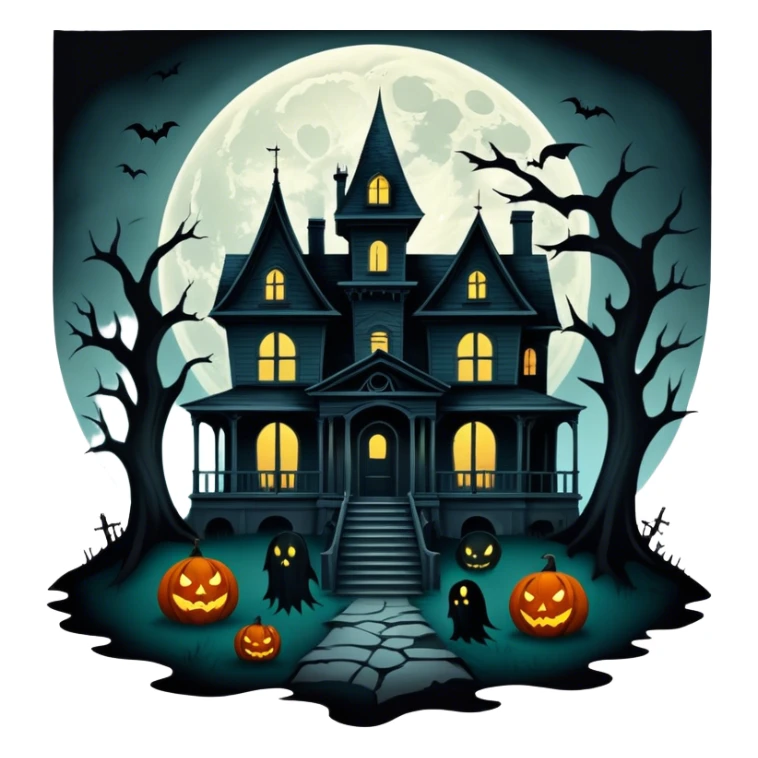 Icon for Horror Movies: A dark, eerie collage featuring iconic horror elements like a haunted house, a full moon, sinister shadows, and creepy creatures emerging from the darkness. The atmosphere should be chilling, with a feeling of suspense and fear. Transparent background. sticker