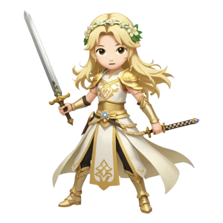 Lumine (from Genshin Impact) White and golden clothes, blonde, long-haired, with flower hair clip, and wielding a sword (full body) sticker