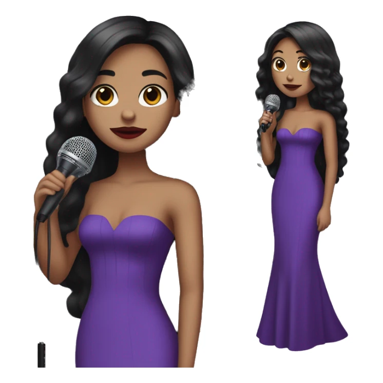 tall girl with long straight black hair with red lipstick with a microphone and purple prom dress sticker