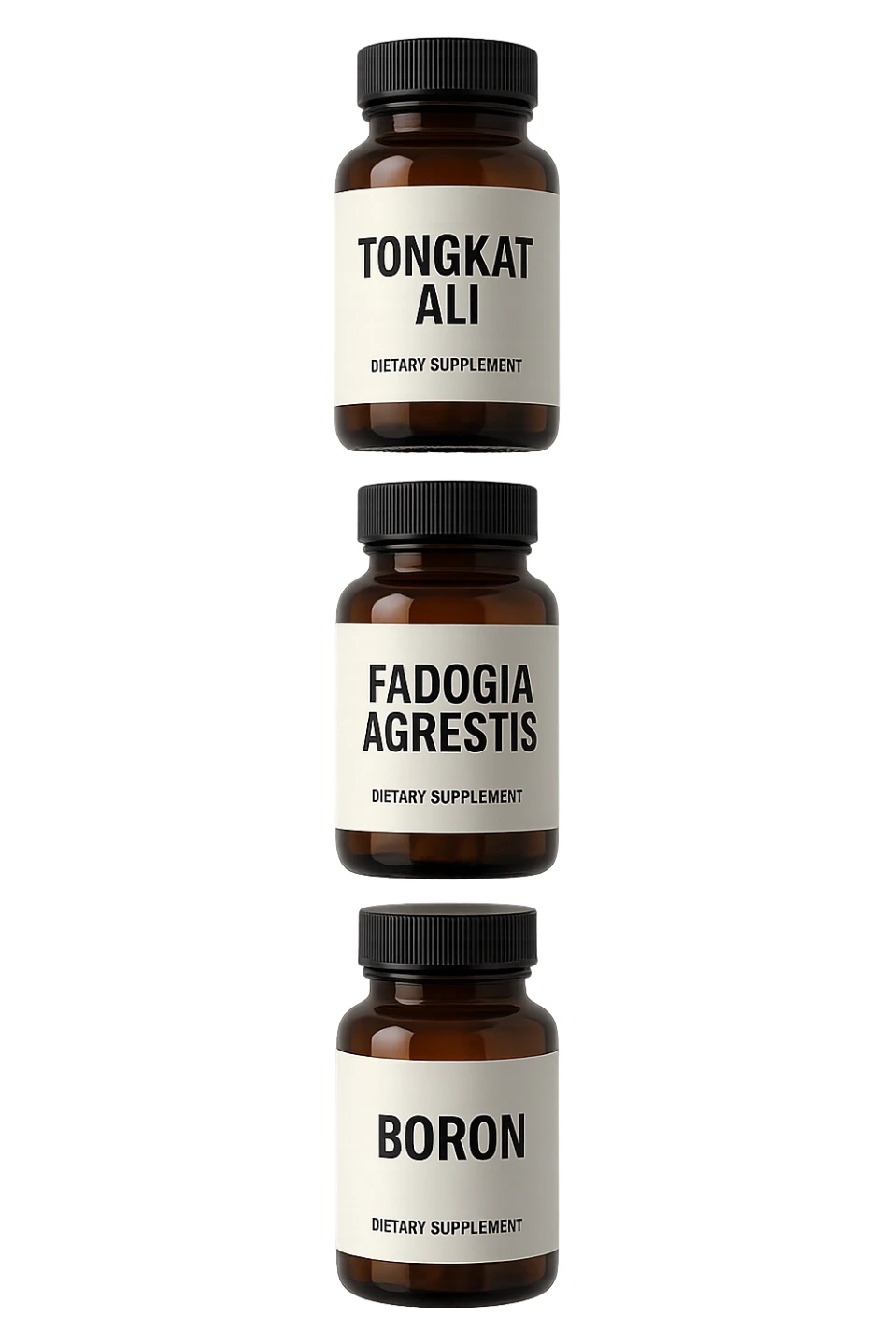 4 boccette di integratore: Tongkat Ali, Fadogia Agrestis, Boron e Zinco fluttuano in aria verticalmente sticker