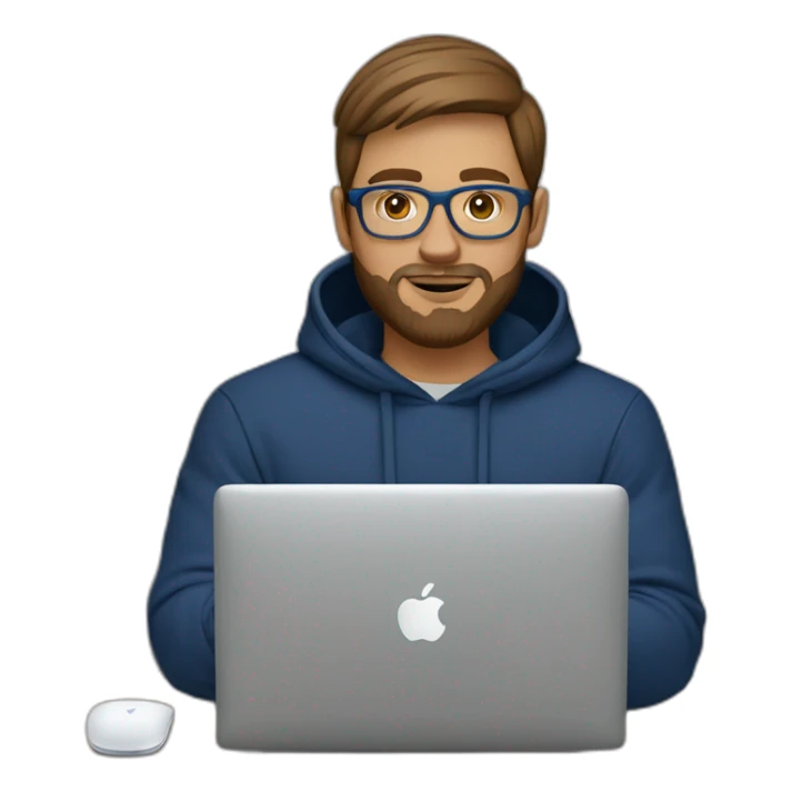 Brown short hair white man with a beard and round glasses typing on apple computer wearing a dark blue nike hoodie sticker