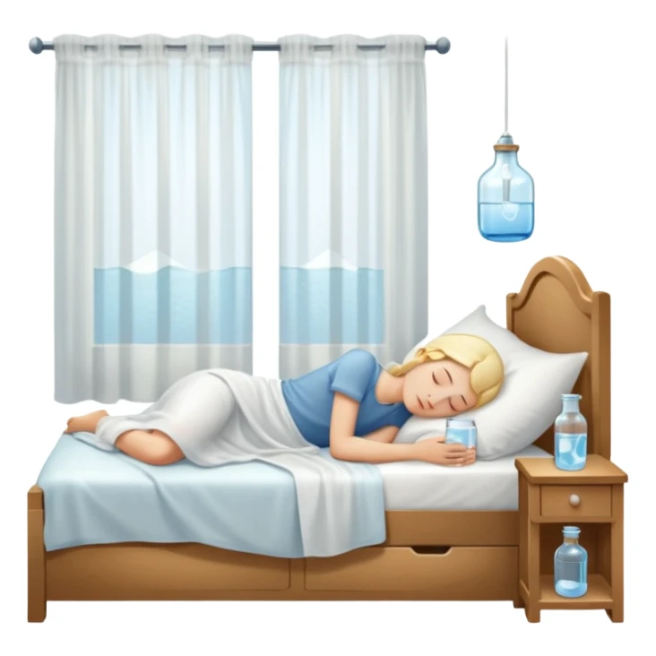 sunlight through curtains, GoCLN bottle and water glass on bedside table, person sleeping

 sticker