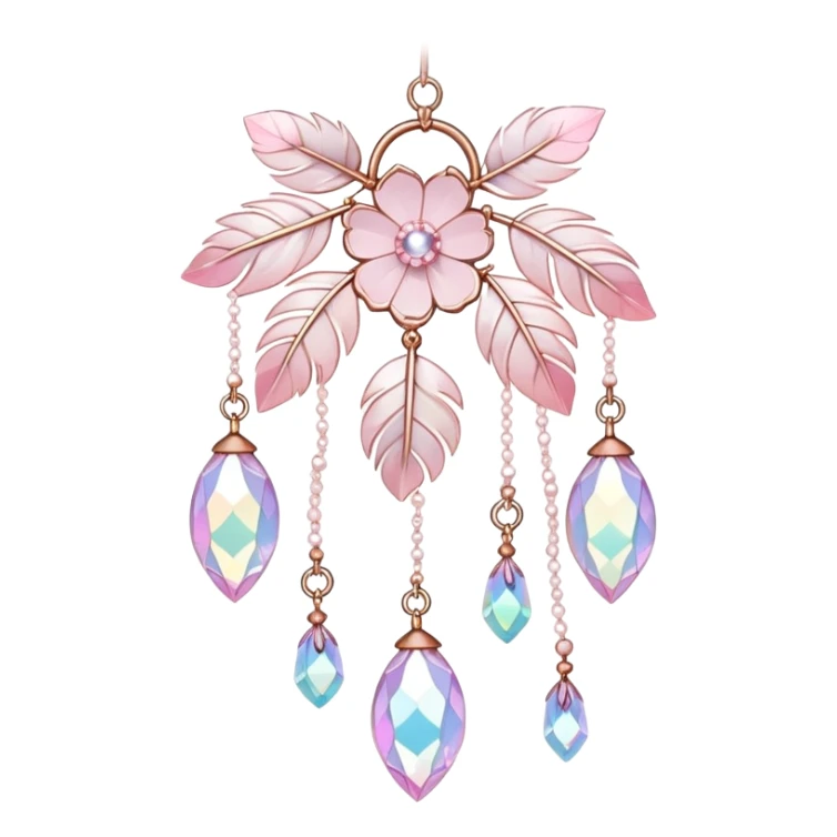 Hanging Iridescent pastel pink sakura crystals white-pearly suncatcher with bells and feathers sticker