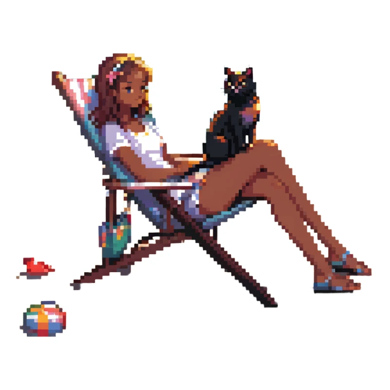 girl with her cat on a beach chair, sun shining sticker