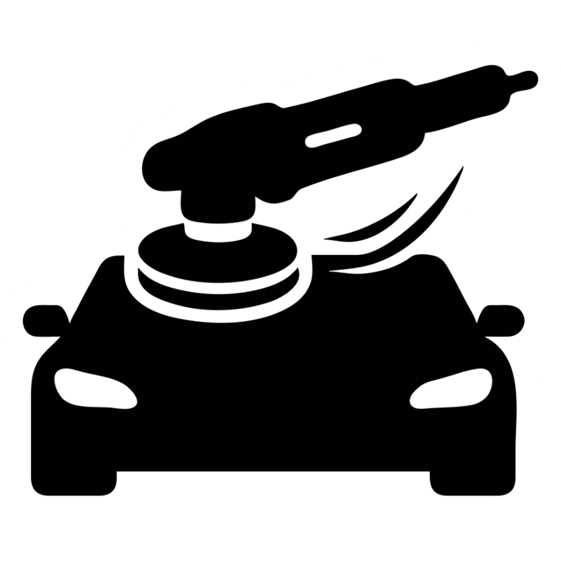 solid icon of a polishing machine on a black car hood, silver metallic details, subtle reflection, soft shine waves, minimal and elegant sticker