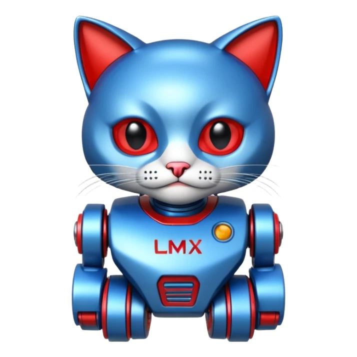 generate robot cat, glossy, realstic, red and blue color, add text on chest "LMX" sticker