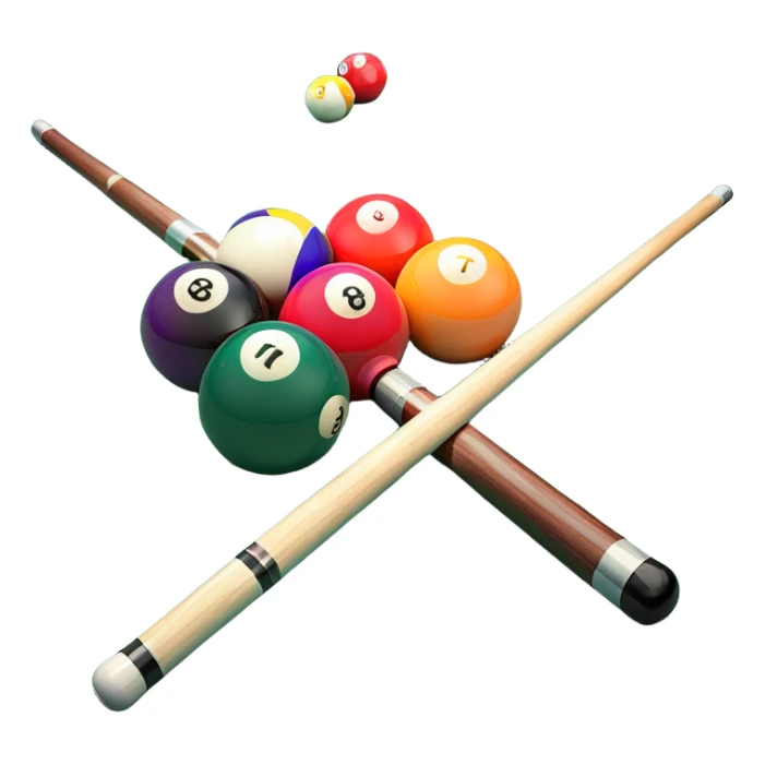 Two crossed pool cues resting on a billiard table, with colorful billiard balls scattered across the surface. The background features the felt of the table, creating an inviting atmosphere for a game of precision and strategy sticker