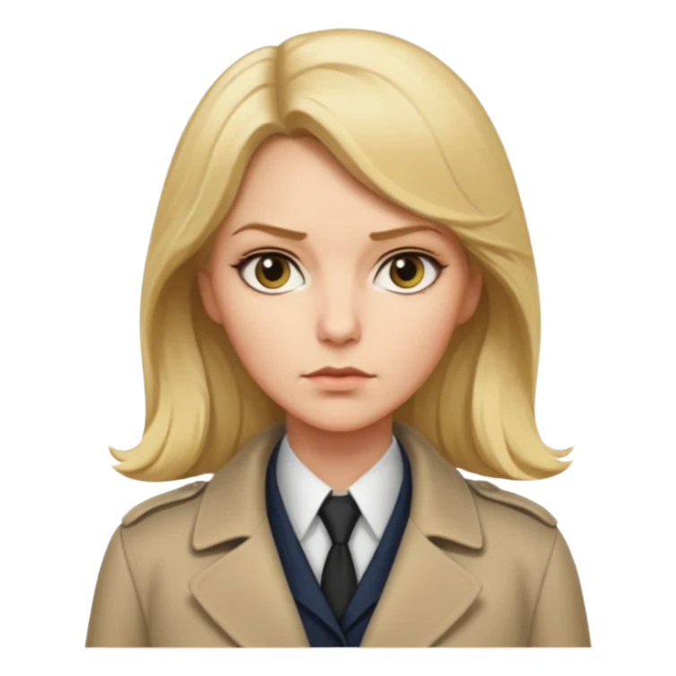 detective woman in long coat, blond hair, white skin sticker