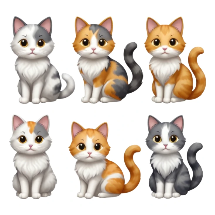 6 realistic looking cats with different natural coloured coats, assorted grey and white, greys, calico colours etc
 sticker