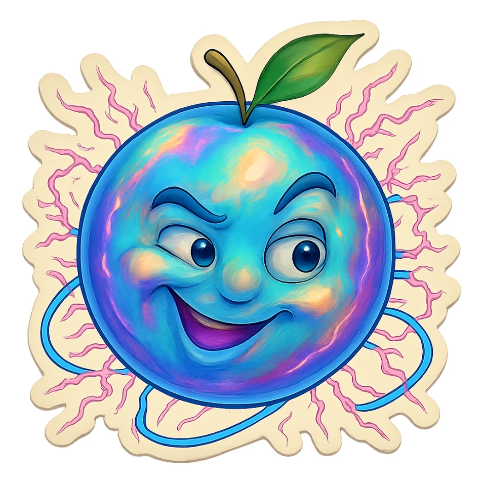Refine this emoji to clearly look like a planet: keep the opal-like iridescent texture, wild electric energy, and playful, eccentric face, but emphasize a round planetary shape with visible rings and planetary features. Keep the background transparent. sticker